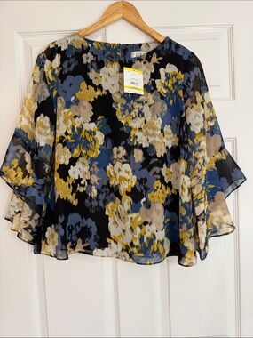 Kasper Black Floral Ruffle-Sleeve Blouse with Blue & Yellow Prints